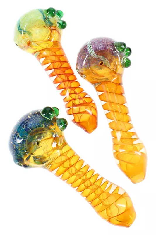 Gold Fumed Spiral Frit Glass Pipe “Amber Helix” – 4½″ – Assorted Colors