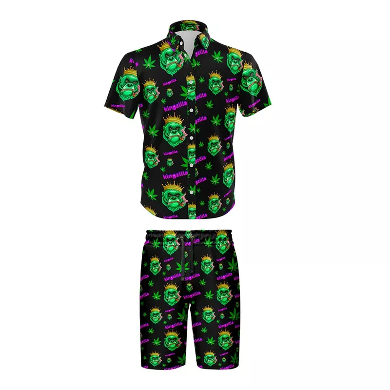 Kingzilla Leaf Black Shirt and Short Set, Pack of 5 Sizes Sets, 1-M, 1-L, 1-XL, 1-XXL, 1-XXXL