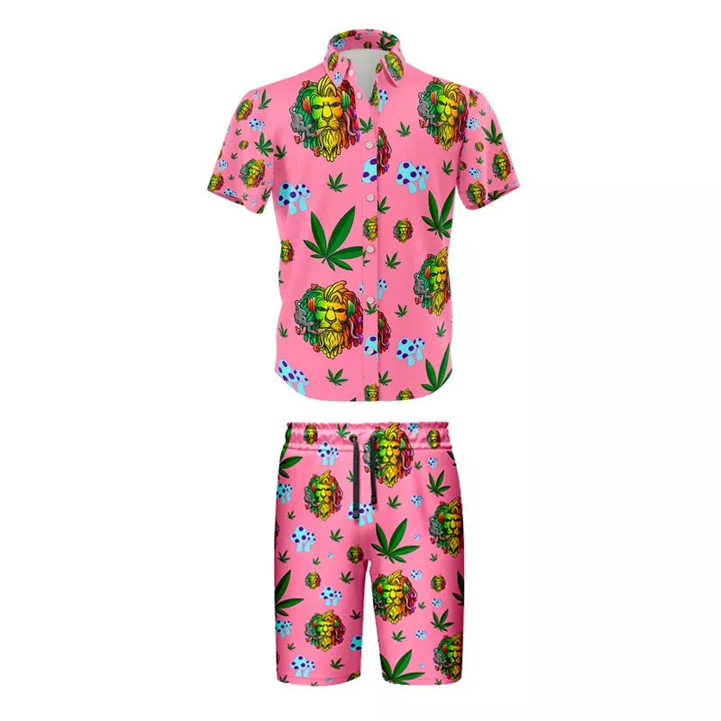 Lion Smoking Leaf Pink Shirt and Short Set, Pack of 5 Sizes Sets, 1-M, 1-L, 1-XL, 1-XXL, 1-XXXL