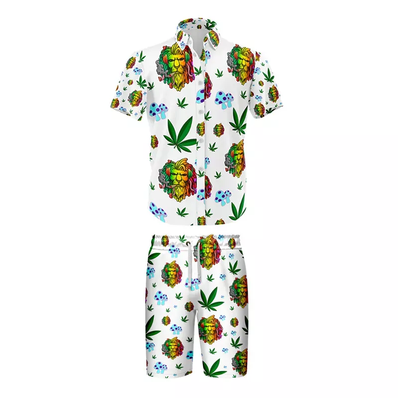 Lion Smoking Leaf White Shirt and Short Set, Pack of 5 Sizes Sets, 1-M, 1-L, 1-XL, 1-XXL, 1-XXXL