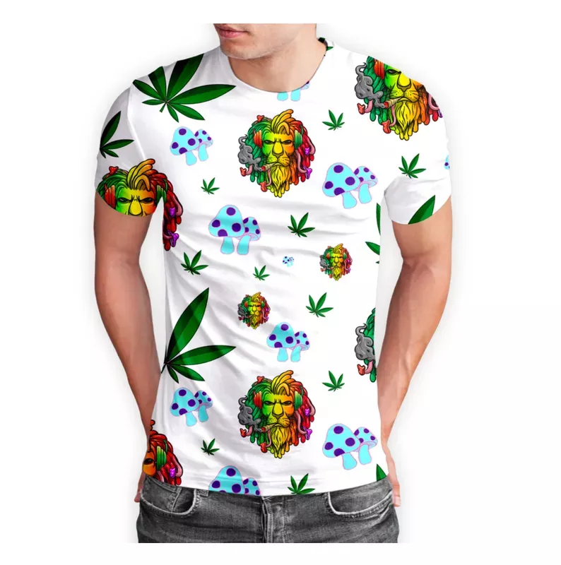 Rasta Lion Cannabis Leaf White Short Sleeve T-Shirt Pack of 5 Units 1-M, 1-L, 1-XL, 1-XXL, 1-XXXL — 100% Polyesterf